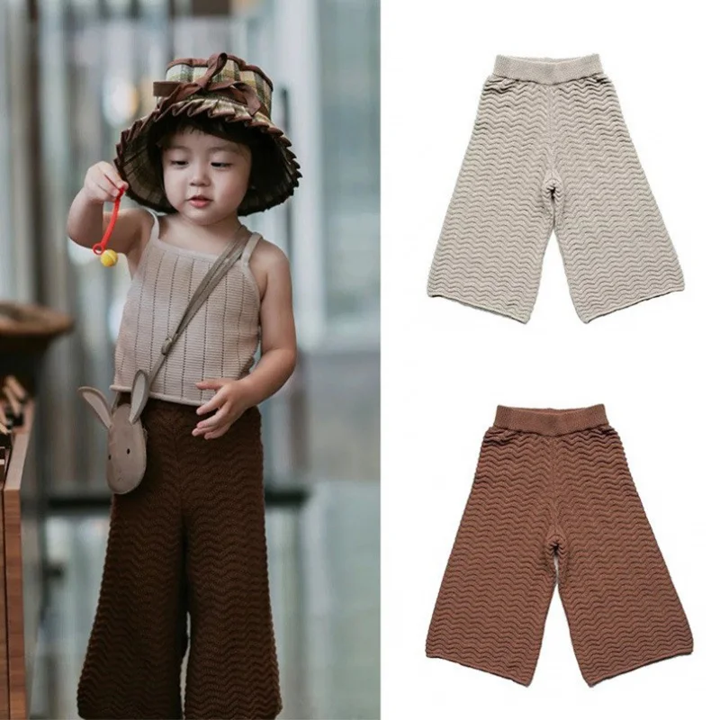 

floret forest Spring and Summer Girls' Wide-Leg Pants Brown Thin Knitted Pants European and American Fashion Suspenders