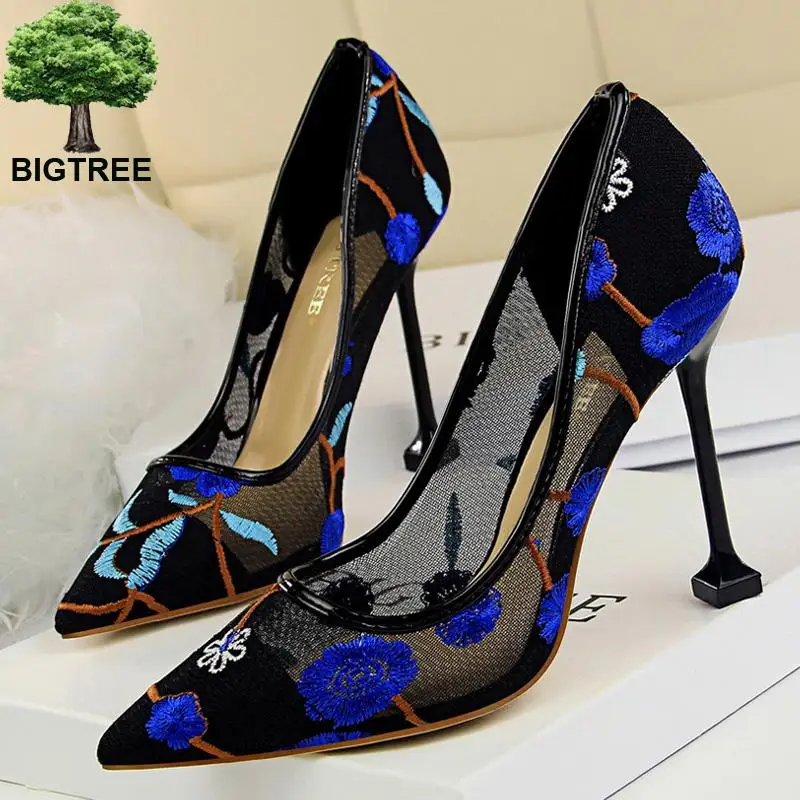 Туфли-лодочки Bigtree женские кружевные туфли на высоком каблуке с цветочной