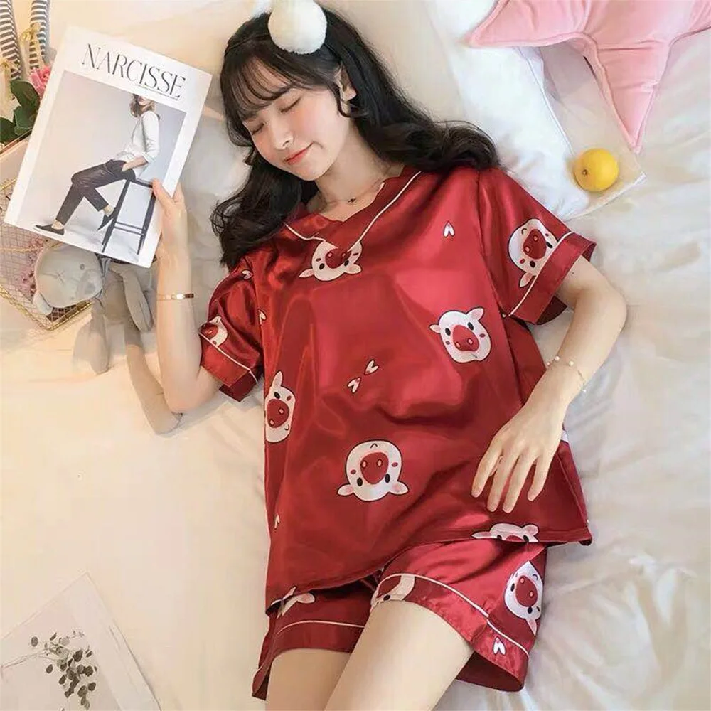 Women's Summer Short-sleeved Ice Silk Pajamas Women Loose and Comfortable Homewear Pyjama Femme Satin Silk Pajama Shorts