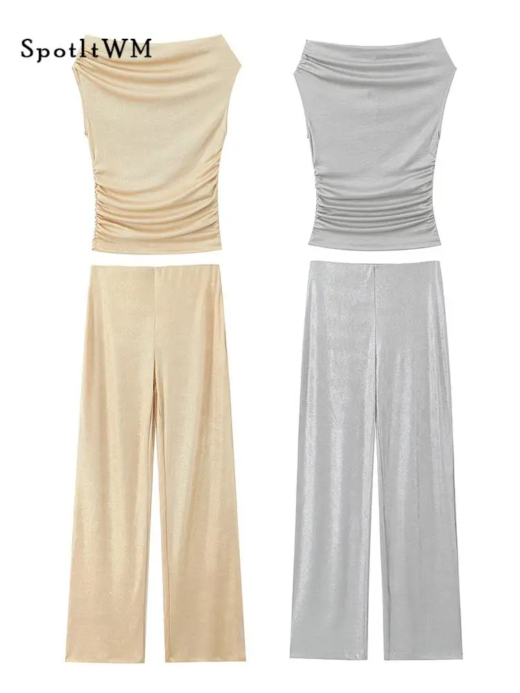 

Women Fashion Long Pants 2 Pieces Set Sexy Sleeveless Pleated Crop Top High Waist Pants Suit Summer Chic Street Trousers Outfits