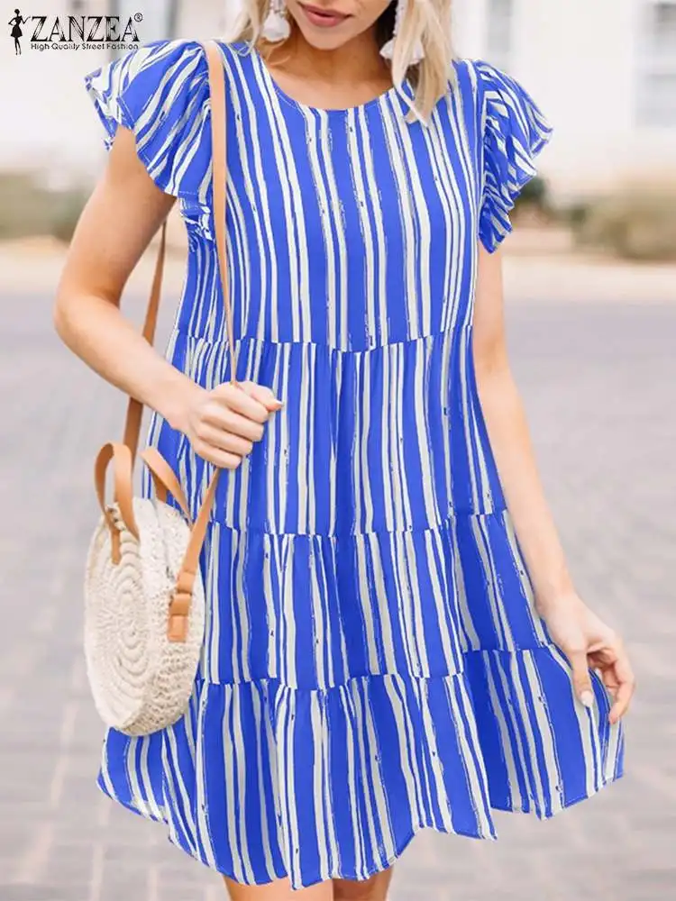

Женский сарафан в полоску ZANZEA, свободное пляжное платье до колена с короткими рукавами и оборками в богемном стиле для отдыха, лето