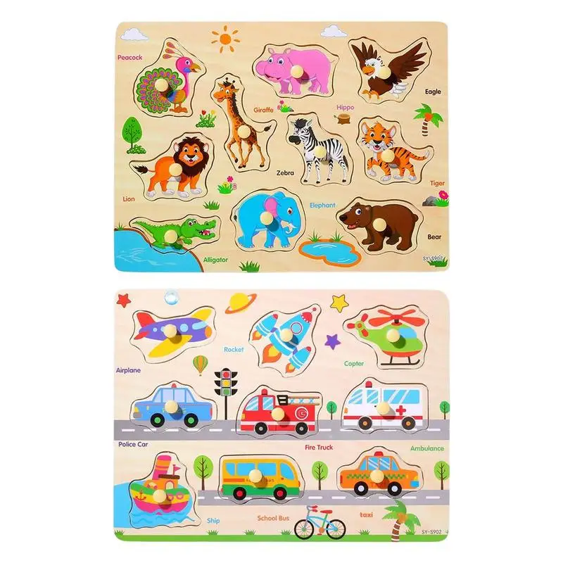 

Детский деревянный пазл с ручками, в виде животных