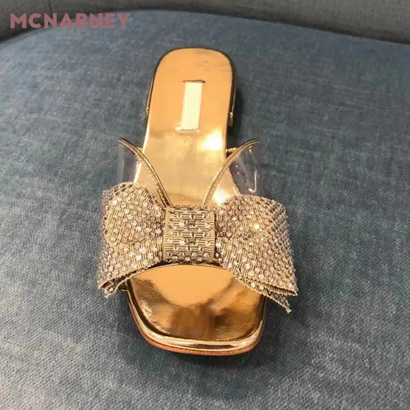 Rhinestone Bow Flat Slippers Summer New Open Toe Sandals Square Toe Transparent Temperament Flat Bottom Fashion Women's Sandals