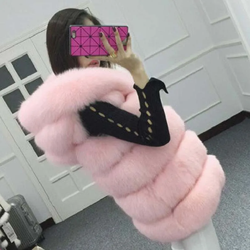 Women Warm Medium-Long Elegant Solid Color Winter Faux Fur Hooded Vest Fur Coat Artificial Fox Fur Large Size Jacket Gray Pink