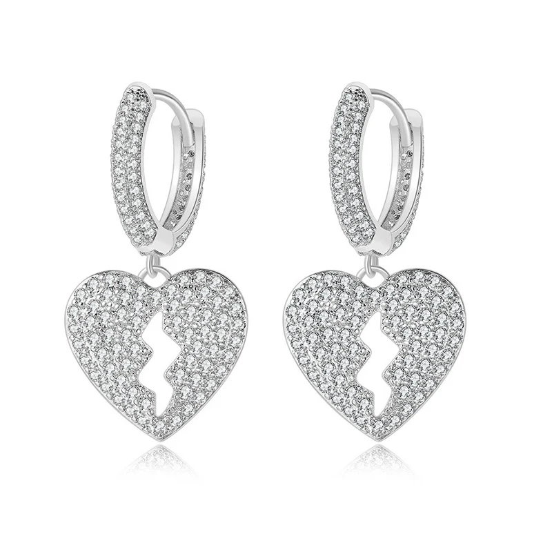 

1 Pair Hip Hop AAA+ Cubic Zirconia Paved Bling Iced Out Broken Heart Stud Earring for Men Women Rapper Jewelry Gifts