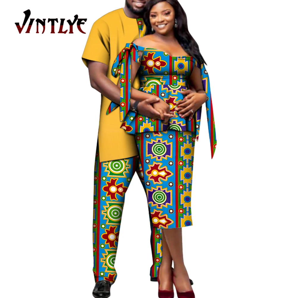 African Clothes for Couples Ankara Print African Skirt and Top Set for Women and Short Sleeve Dashiki Men Outfits WYQ676