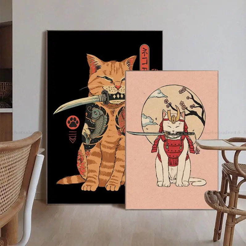 

Japanese Samurai Cat Classic Vintage Posters Whitepaper Prints Posters Artwork Stickers Wall Painting