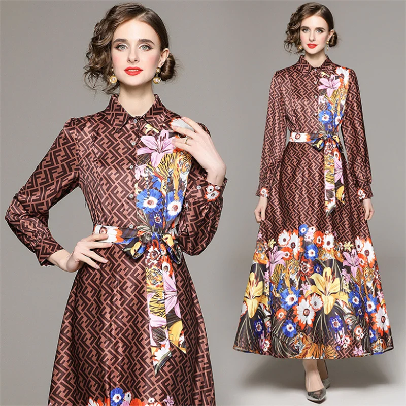 

New Spring Summer Women's Fashion and Temperament Long Sleeve Waist Printing Dress with Lace Up High Quality Dress