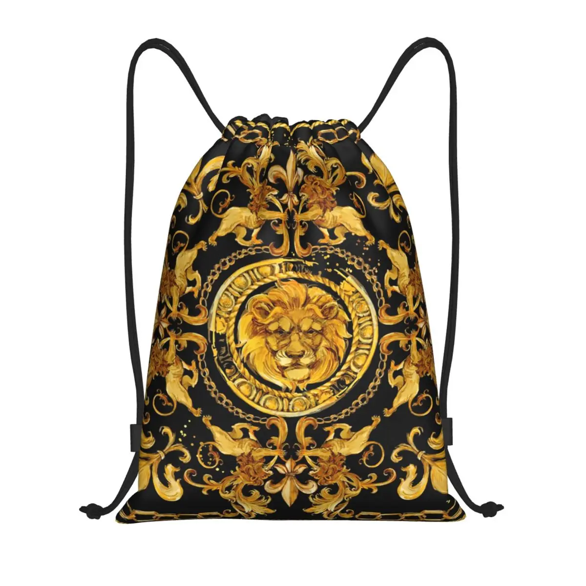 

Golden Lion And Damask Ornament Drawstring Backpack Women Men Gym Sport Sackpack Foldable Baroque Training Bag Sack