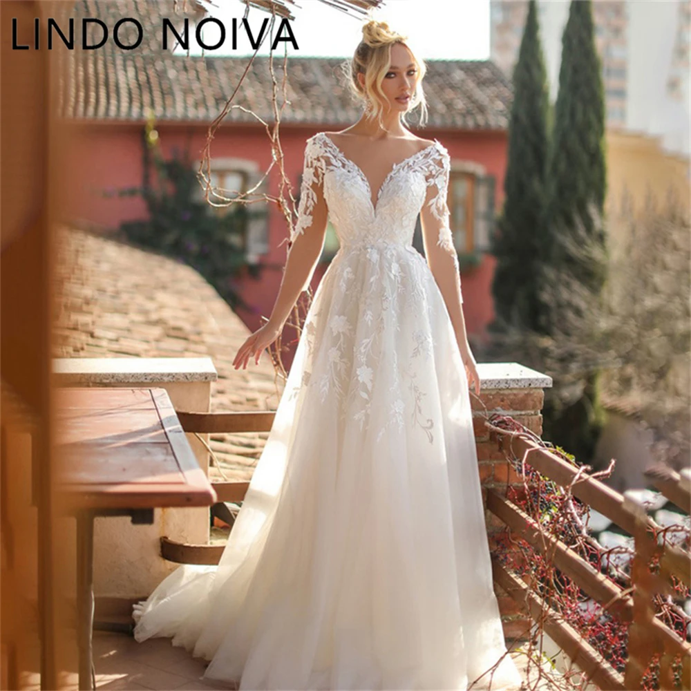 

LINDO NOIVA V Neck Bridal Dress Long Sleeves Lace Appliques Wedding Gowns For Women Backless Vestidos De Noiva Mariage Customize