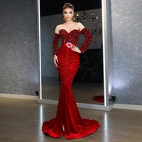 xijun modern velvet mermaid evening dresses long sleeves sequined pleat ruched dubai formal party dress prom gown with belt