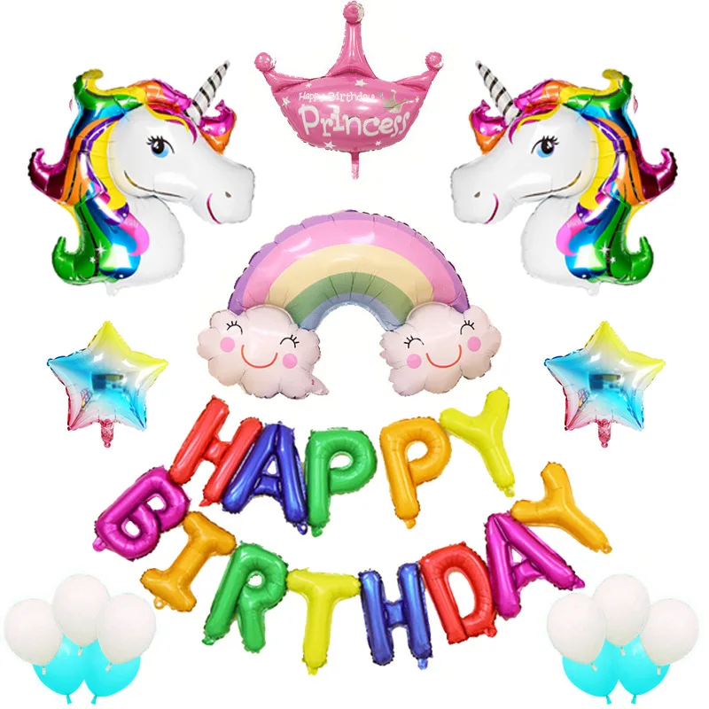 Купи 28 pcs Happy Birthday Rainbow Unicorn Balloons Set Happy Party Ball Globos Supplies Kids Baby Shower Birthday Decoration за 953 рублей в магазине AliExpress