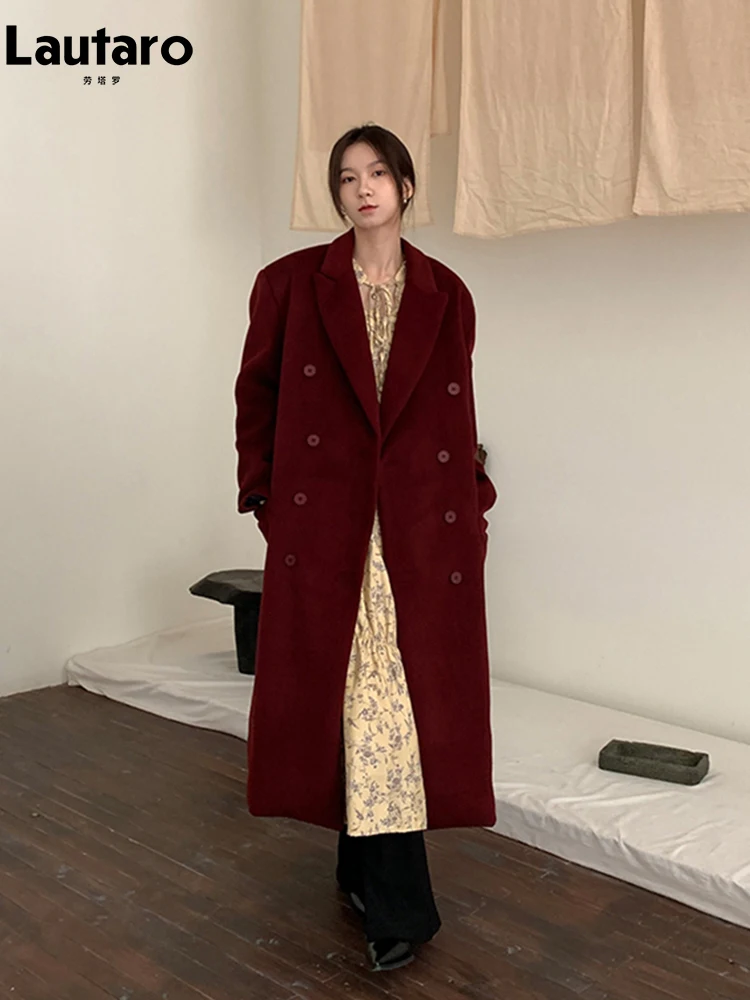 Lautaro осень-зима длинный утолщенный теплый винно-красный шерстяной плащ для
