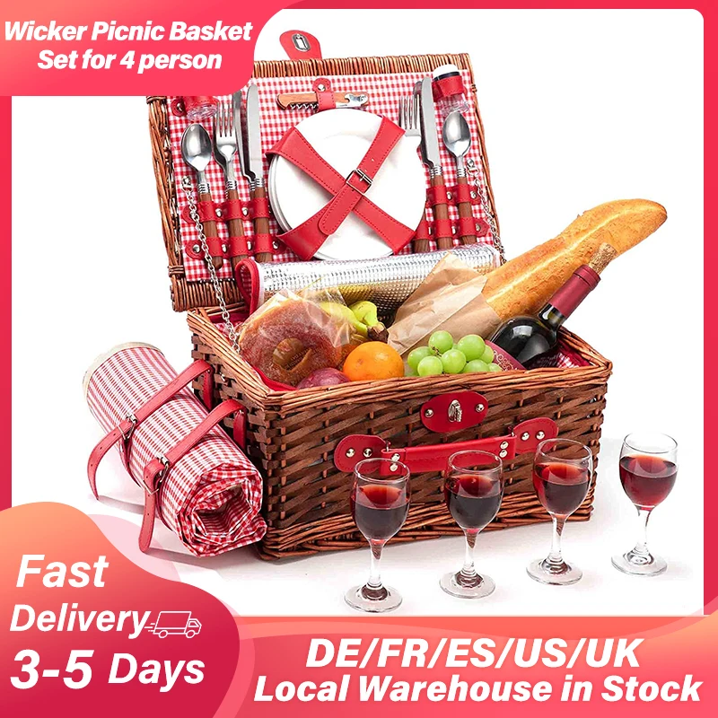 

24pcs Wicker Picnic Basket Set for 4 Persons with Large Waterproof Picnic Blanket Cutlery for Family Outdoor Camping Party