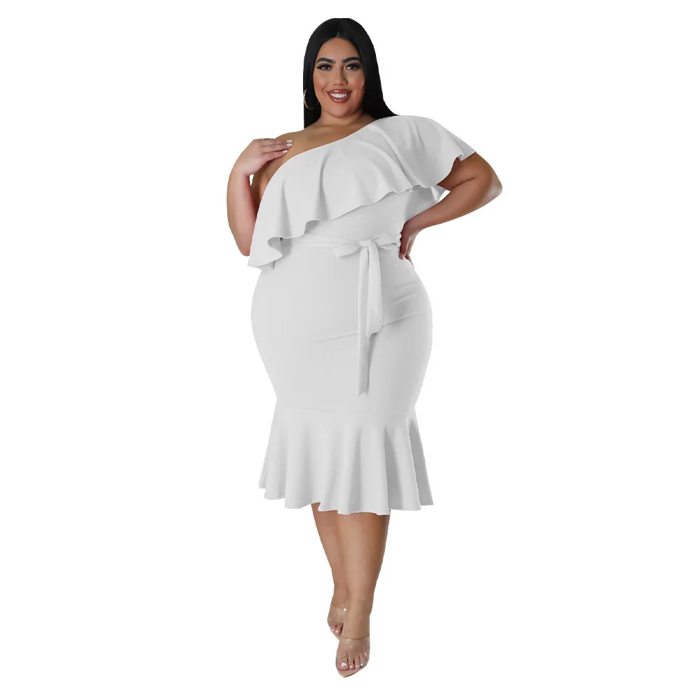 Plus Size Women's Dress Fashion Slim Casual Ruffle Edge Smocked Mid-length Dress Large Size Female Solid Color Elegant Dresses