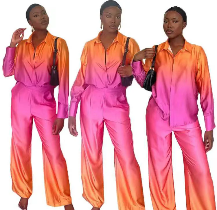 

Женский брючный костюм из двух предметов, Элегантная атласная рубашка с длинным рукавом и прямые брюки с градиентом, весна 2023