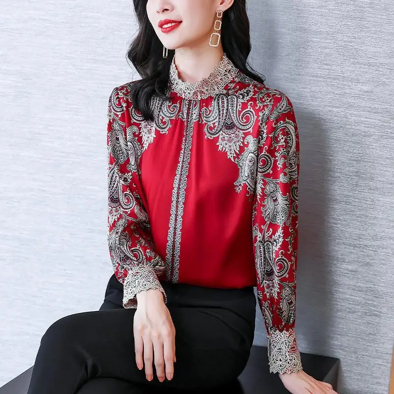 Женская винтажная рубашка с длинным рукавом кружевная Свободная принтом в стиле