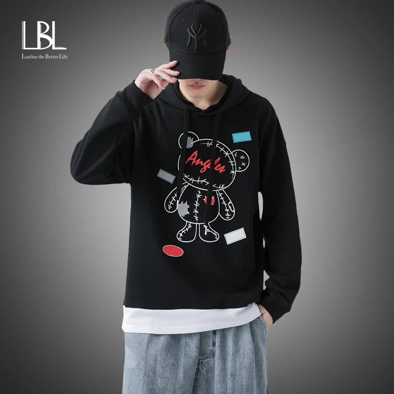 

LBL Mens Hoodies Autumn Men 2022 New Cute Bear Print Sweatshirt Japanese Streetwear Harajuku Black Casual Oversized Hoodies Men