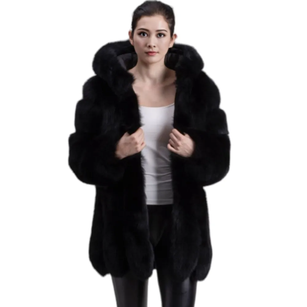 Women's Winter Warm Real Fox Fur Hooded Coat Luxury Long Sleeves Fur Jacket Ladies High Quality Fluffy Natural Fur New Outerwear