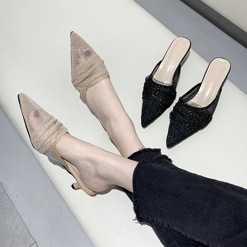 

Thin Mid Heels Women Shoes Sweet Fashion Slippers Women Basic Casual Daily Solid Crystal Pleated Summer Shoes Zapatos De Mujer