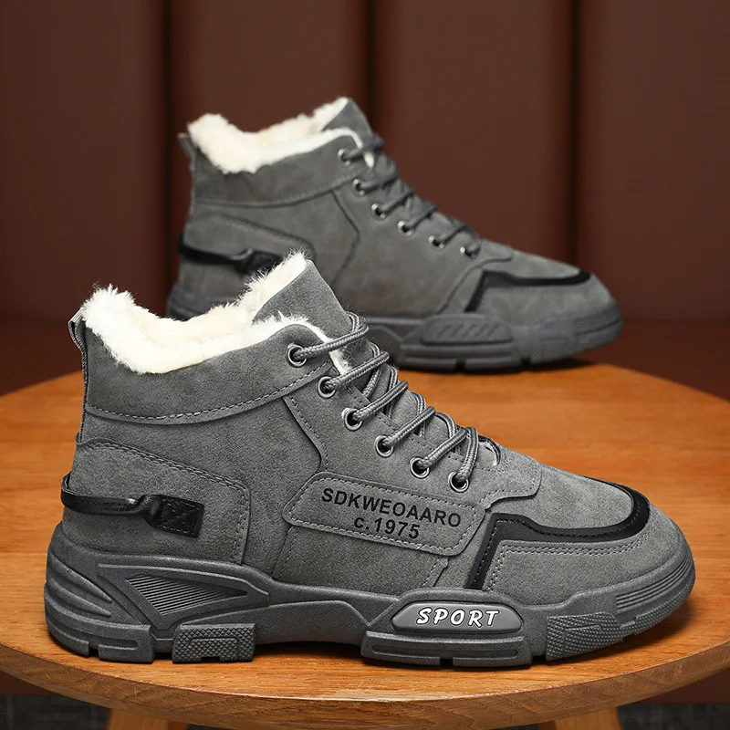 Мужские ботинки 2024 зимние новые плюшевые рабочие на толстой подошве со шнуровкой