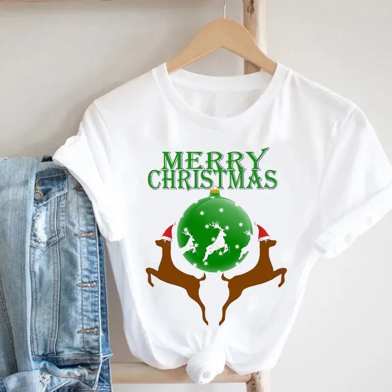 

Women Deer Lovely New Merry Christmas Festival Winter Tshirt Nice Top Graphic Santa Claus Shirt T Tee Cartoon Pretty T-shirt