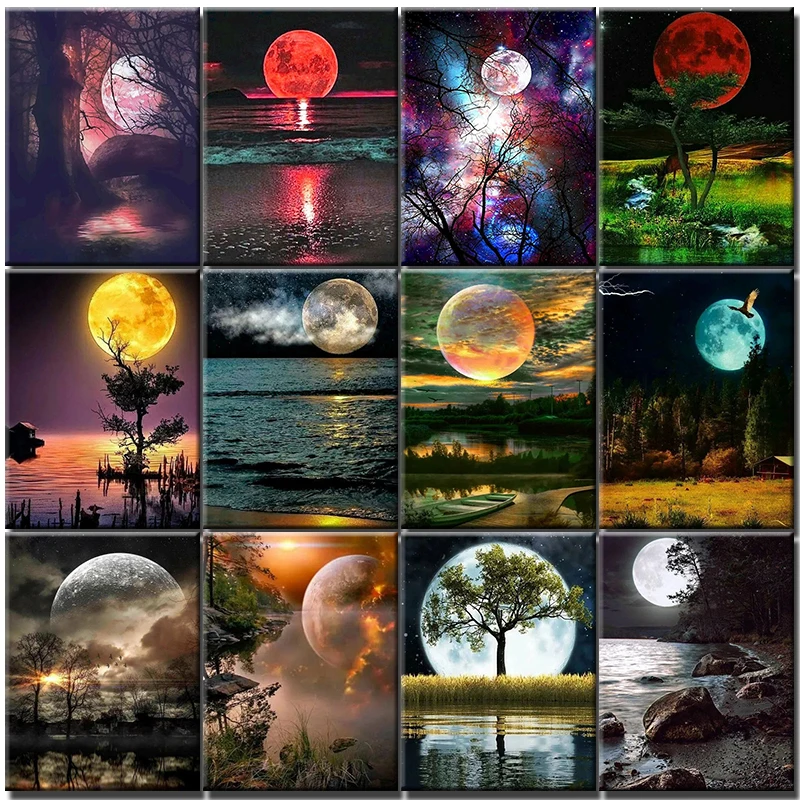 

CHENISTORY Painting By Numbers Pictures For Adults Moon On Canvas Landscpae Digital Coloring Oil Paintings By Number Home Decor