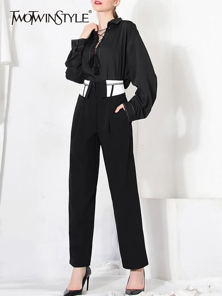 

TWOTWINSTYLE Patchwork Colorblock Wide Leg Pants For Women High Waist Loose Casual Trousers Female Fashion Clothing Style 2022