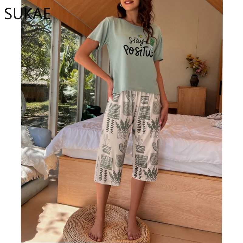 Пижама-капри Женская до икры с коротким рукавом