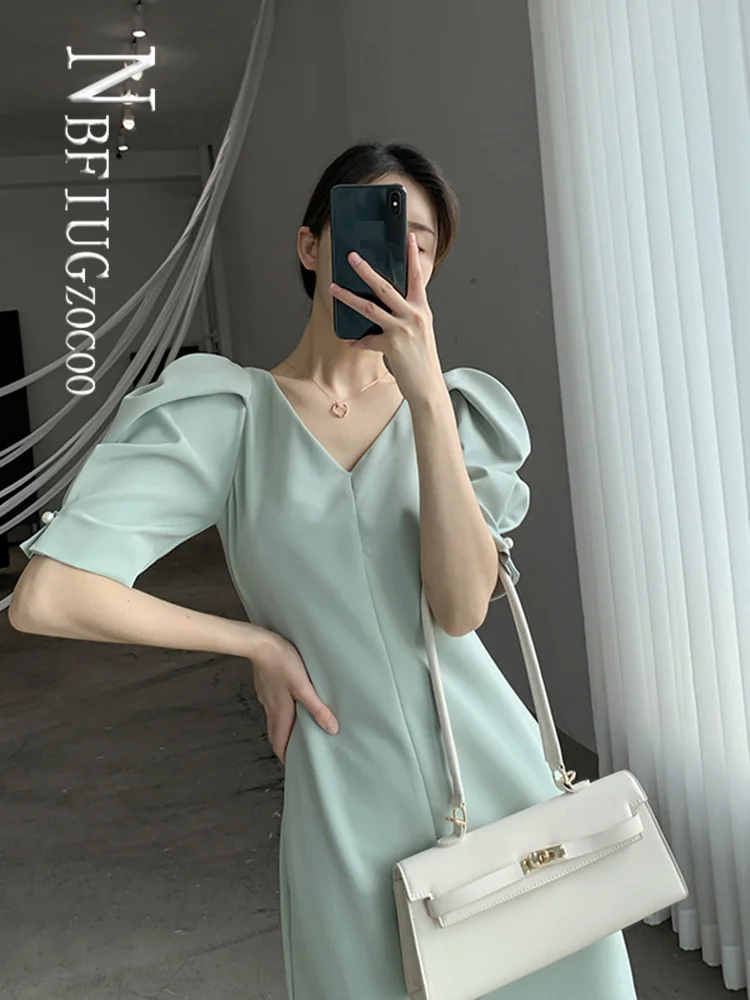 

Green Color Puff Sleeve Women Dress 2022 Summer Female V Neck Dresses