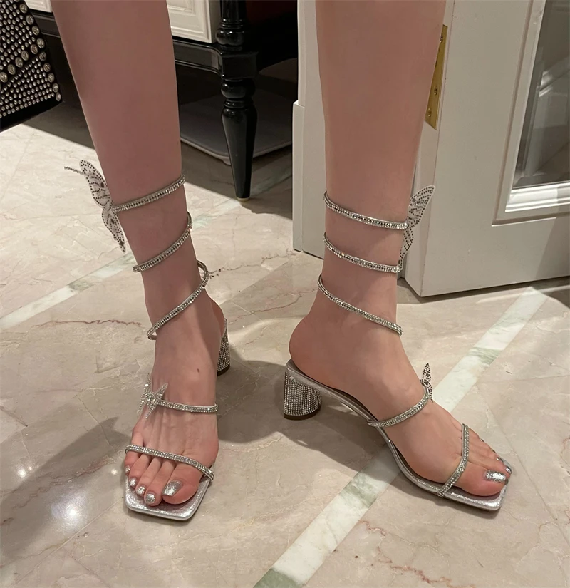 

Женские босоножки на высоком каблуке с бабочками, новинка 2022, элегантная женская обувь на шнуровке, летняя сказочная обувь с открытым носко...