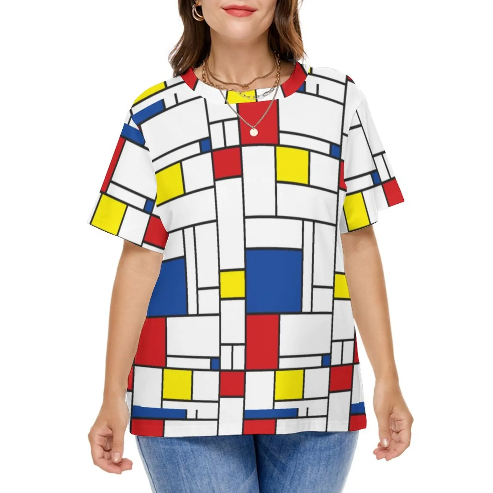 Retro Mondrian Plaid T-Shirt Mondrian Modern Art Cool T Shirts Short Sleeve Street Style Tee Shirt Beach Print Clothes Plus Size