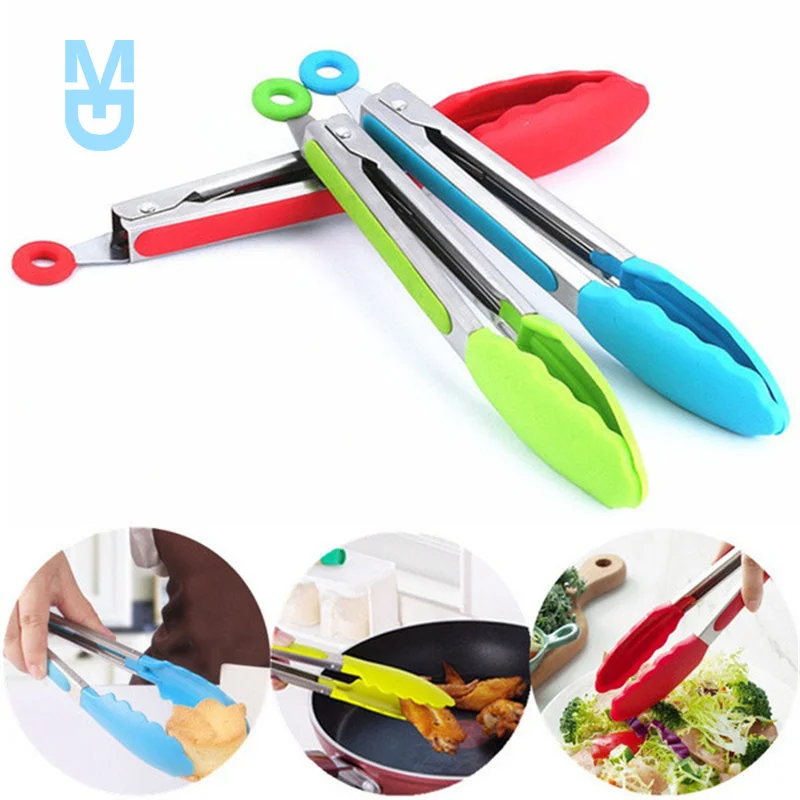 

New Silicone Food Tong Stainless Steel Kitchen Tongs Silicone Non-slip Cooking Clip Clamp BBQ Salad Tools Grill Kitchen Accessor
