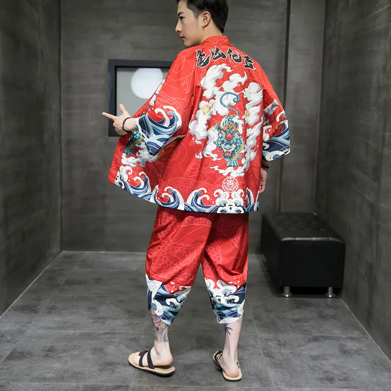 3/4 Rayon Men Pajamas Sets 2PCS Chinese Print Hanfu Kimono Robe Sleep Suit Large Size Summer Underwear Casual Home Clothes
