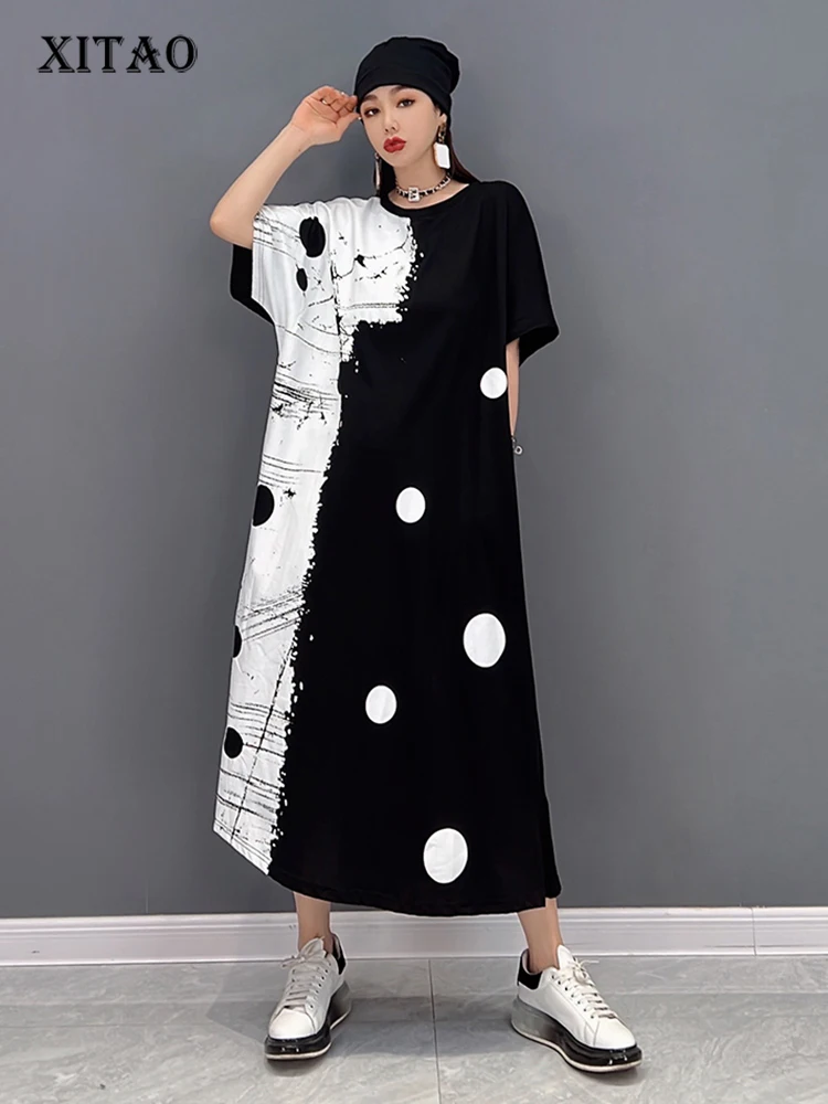

XITAO Print Split Casual Dress Women Korea 2022 Summer New Arrival Personality Fashion Loose O-neck Short Sleeve Dress WLD7463