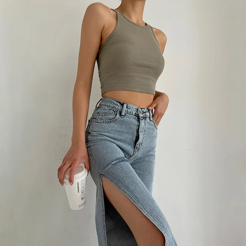 New Ladies Personality Slit Ripped Casual All-Match Denim Trousers