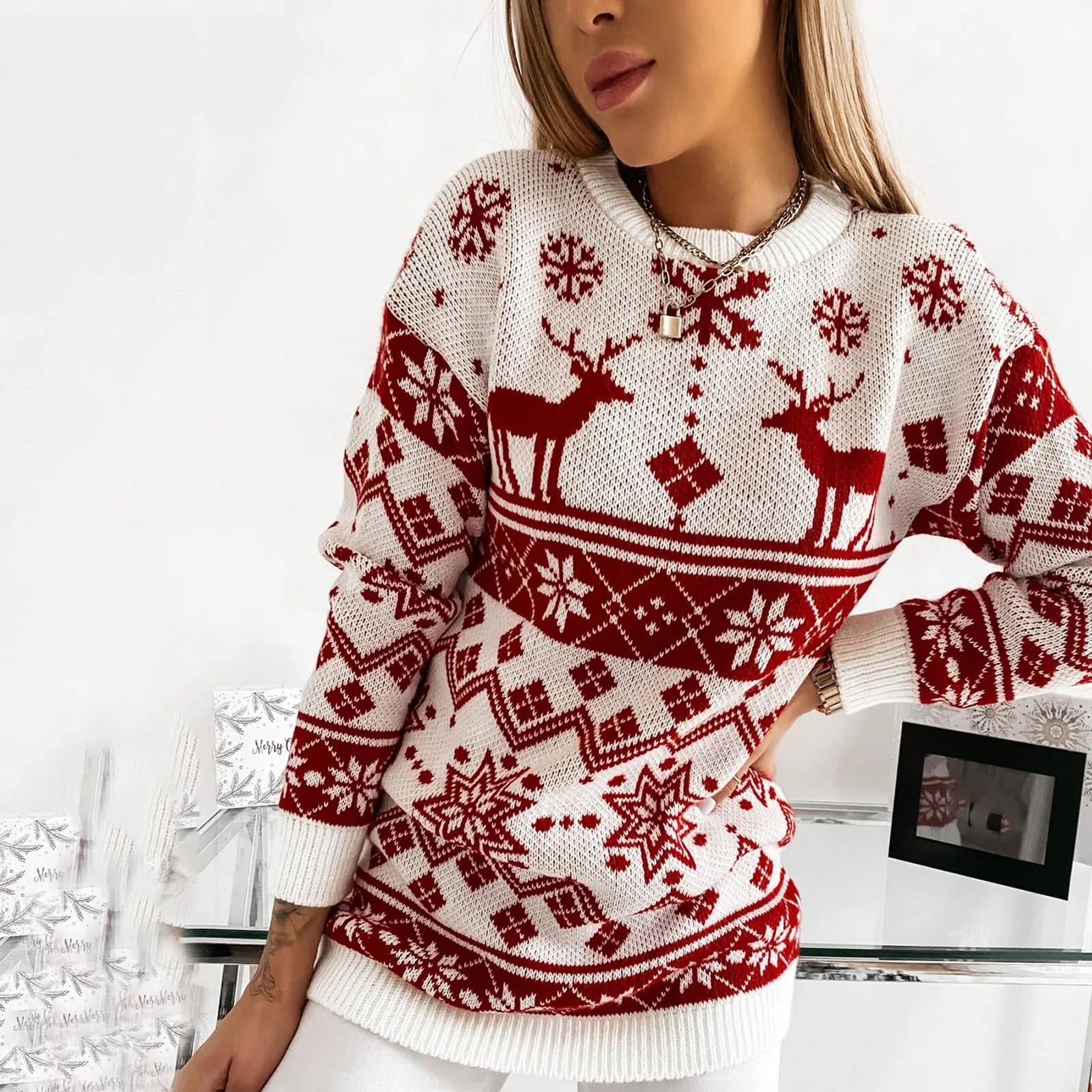 

Red Christmas Pullover Women's Holiday Sweater Knit Sweater Christmas Tree Snowflakes Sweatshirts Pullovers Winter Clothes Women