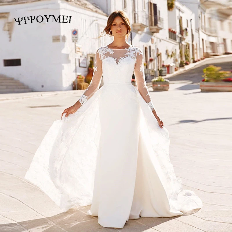 

Elegant Sheath Wedding Dress Boho Long Sleeve Lace Appliques Bridal Gown Removable Skirt Illusion Backless Button Train