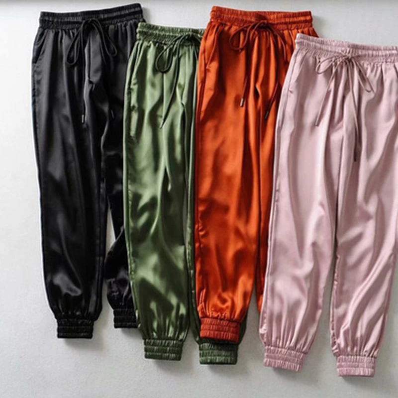 

GAOKE Pants Green Satin Pants Women Drawstring Pants Trousers Loose Casual Jogging Pant Sweatpant Capris