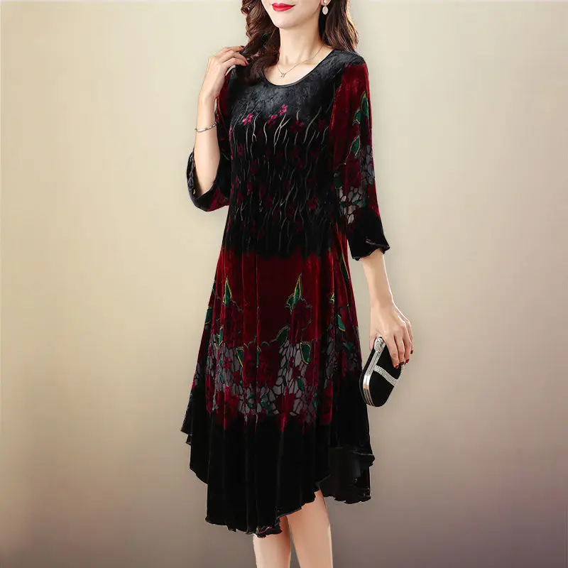 

Женское бархатное платье с длинным рукавом, длинное бархатное платье с винтажным золотым принтом в Корейском стиле, K53