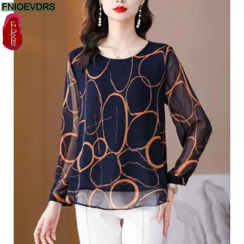 

M-4XL 2023 Women Loose Clothes Elegant Office Lady Work Print Shirt Casual Chiffon Sheer European Fashion Tops And Blouses