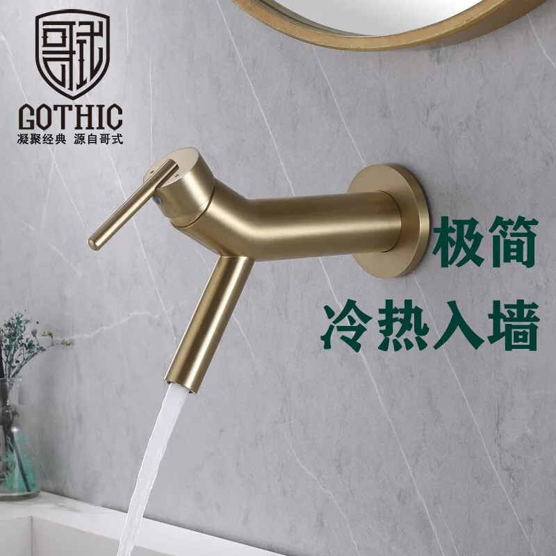 

Скрытый смеситель для раковины в скандинавском стиле, минимализм серого цвета, матовая позолота, латунь, настенное крепление, раковина для ванной комнаты, кран для горячей и холодной воды с одним отверстием