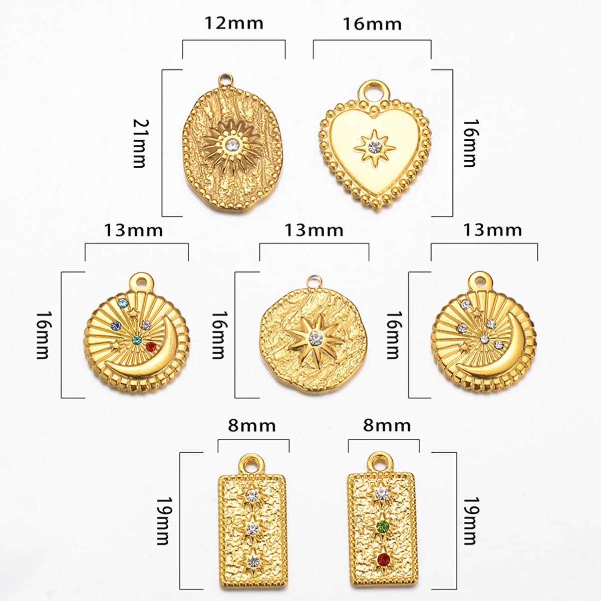 6pcs/lot Stainless Steel Gold Round Square Heart Rhinestones Pendant Charms for Necklace Findings DIY Jewelry Making Accessories