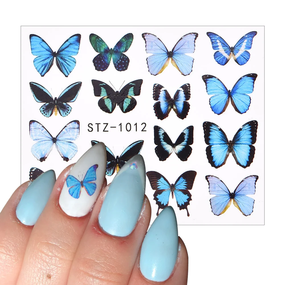 

3D Blue Watercolor Butterfly Sticker Decals Flowers Tattoo Sliders Wraps Manicure Summer Theme Nail Art Decoration Wholesale
