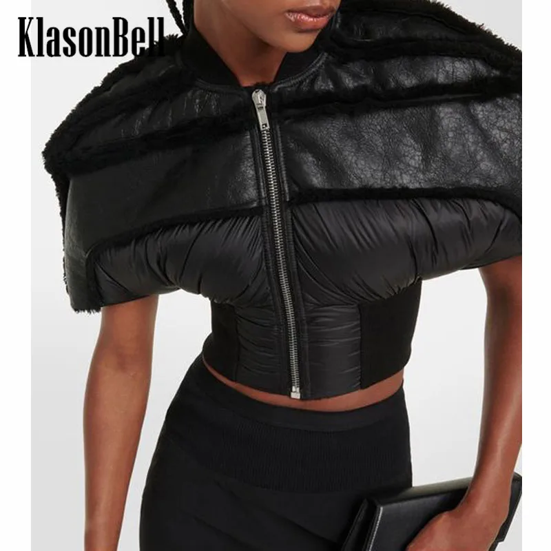 

10.14 KlasonBell Fashion Chic Pu-Leather Spliced Short Sleeve Collect Waist Down Jacket Coat Women
