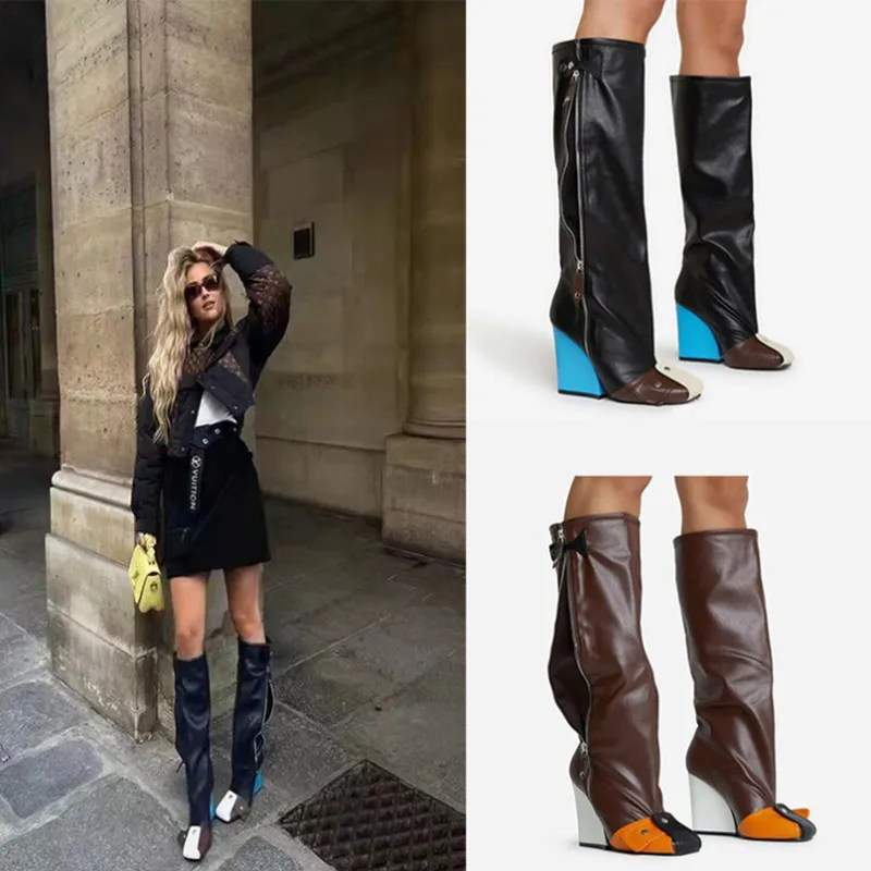 Punk Fan Motorcycle  Boots Women's Zipper Thick Sole Knee High Boots European and American Trend Nightclub Party Women's Boots