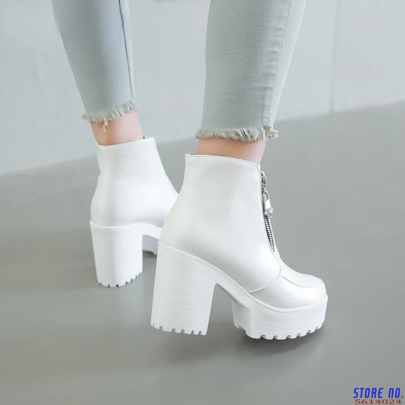 

Black White Platform Ankle Boots for Women High Heels Boots Ladies Zip Autumn Winter Booties Woman Boots Shoes 2020