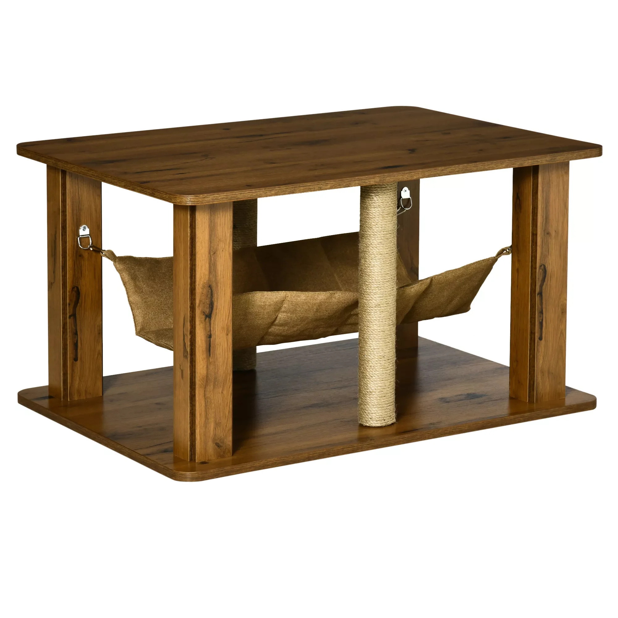 

side table coffee table with hammock 2 posts jute scrapers and storage bottom shelf 79x59x45,5 cm Brown