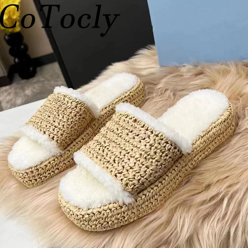 

New Thick Sole Slippers Woman Cane Braided Peep Toe Slides Comfort Mules Wool Warm Winter Shoes Female Weave Flat Slippers Women