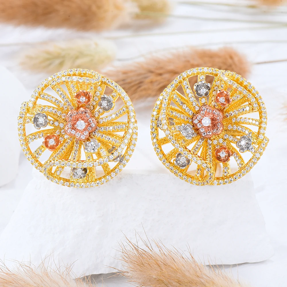 

GODKI 26MM Famous Design Luxury Popular 3 Tone Flower Stud Earrings For Women Wedding Full Mirco CZ Cubic Zircon Trendy Jewelry